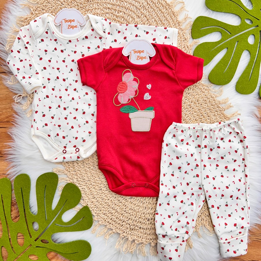 Conj. de Malha 3 peças - Vaso de Flores - Vermelho e Off White Conj. de Malha 3 peças - Vaso de Flores - Vermelho e Off White